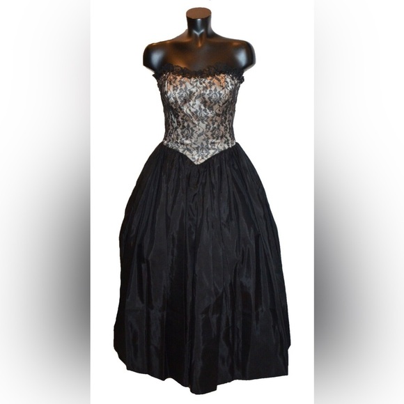 Vintage Gunne Sax Black Gold Dark Floral Lace Strapless Prom Dress Gown Goth - Picture 3 of 16